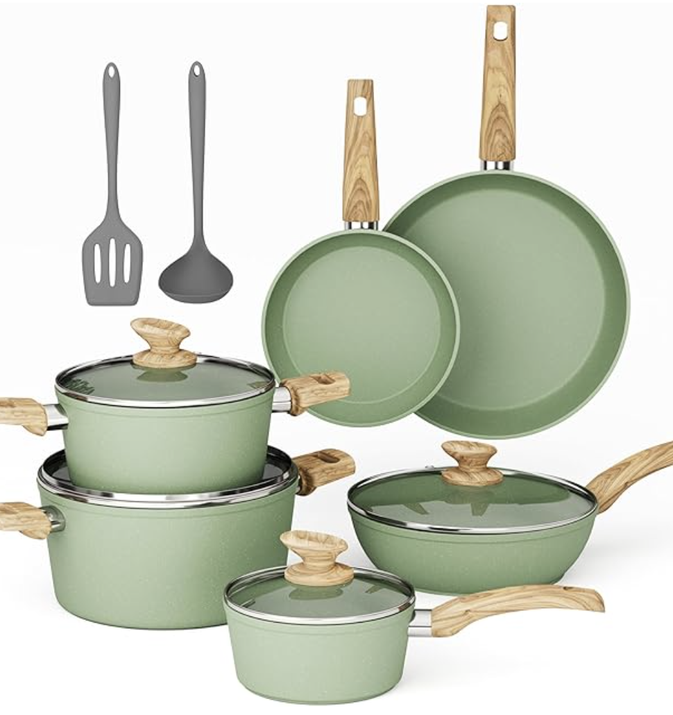 MAISON ARTS Pots and Pans Set Non Stick, 12 Piece Green Granite Kitchen Cookware Induction Compatible, Pot and Pan Sets for Cooking Nonstick